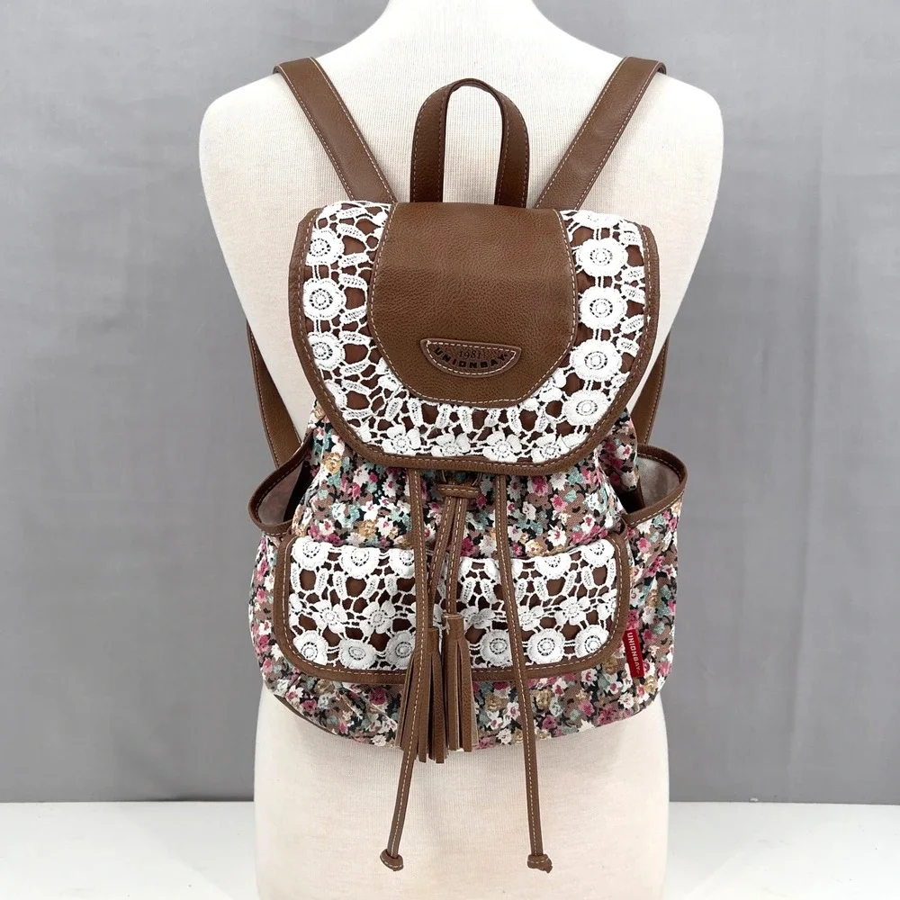 Vintage Unionbay Womens Backpack Brown Floral Lace Cottagecore Coquette Boho